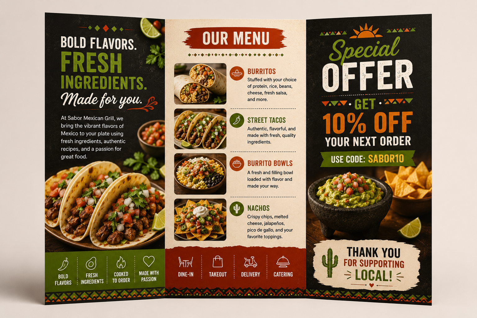 Professionally designed Mexican restaurant brochure showcasing premium brochure printing that helps restaurants increase direct orders, promote menu items, and generate repeat customers through printed marketing.