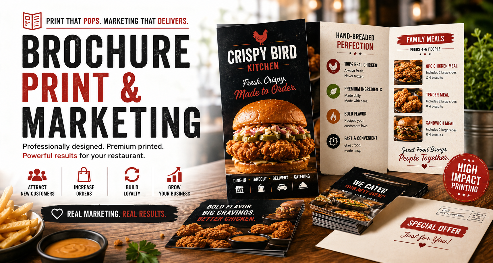 Professional restaurant brochure printing and marketing featuring custom tri-fold brochures, premium print design, and restaurant advertising materials created to increase direct orders and attract more customers by Menus Mania.
